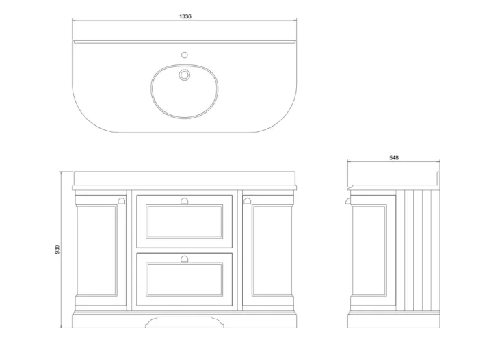 Burlington Freestanding 134 Curved Vanity Unit With Drawers - Grey technical drawing - Image 2