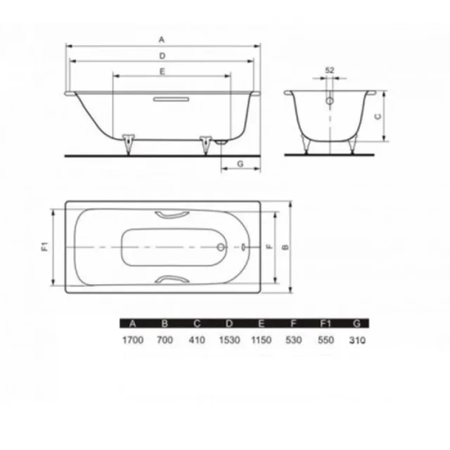 Kaldewei Saniform Plus 1700 X 700mm Bath - White - 2 Tap Hole (excl. Feet) technical drawing - Image 5