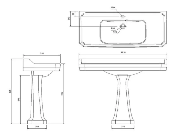 Burlington Bb Edwardian 120cm Basin 3th Jet technical drawing - Image 2