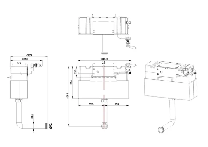Burlington Front / Top Access Concealed Cistern With Lever Flush technical drawing - Image 2