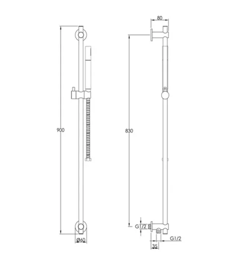 Just Taps Vos Slide Rail With Slim Single Function Hand Shower And Hose Brushed Brass technical drawing - Image 2