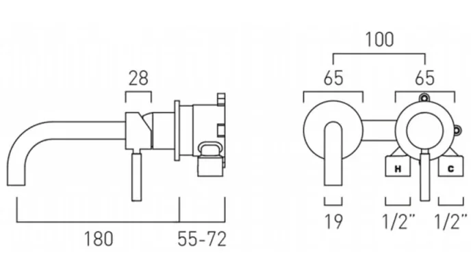 Vado Individual Origins Slimline 2 Hole Wall Mounted Single Lever Basin Mixer With 180mm Spout Brushed Nickel technical drawing - Image 2