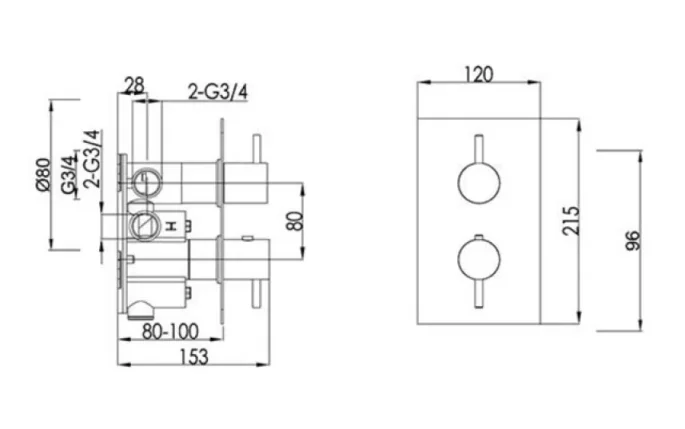 Just Taps Vos Thermostatic Concealed 2 Outlet Shower Valve Brushed Black technical drawing - Image 2