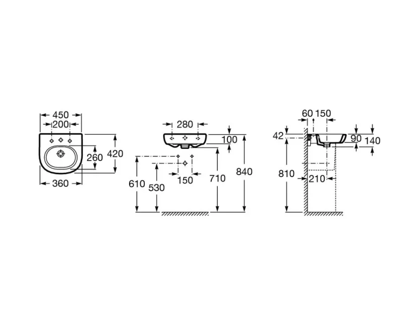 Roca Meridian-n Cloakroom Wall Hung Basin 450 X 420mm - 1 Taphole technical drawing - Image 2