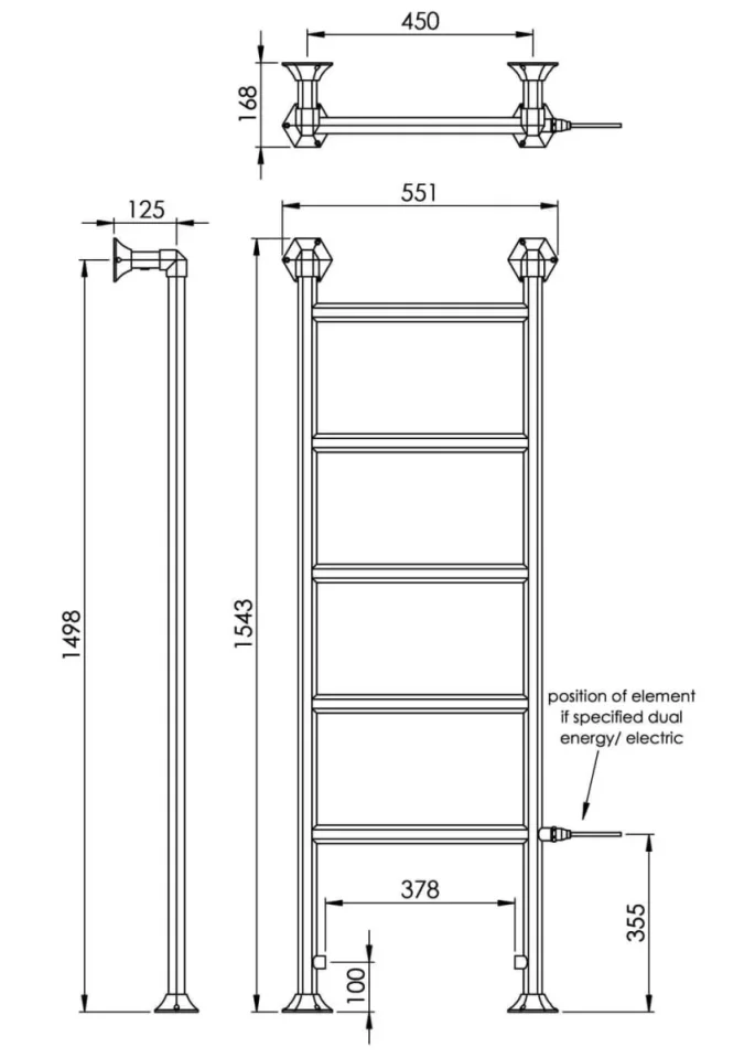 Vogue Art Moderne Towel Radiator Dual Energy - Chrome 1543X550 technical drawing - Image 3