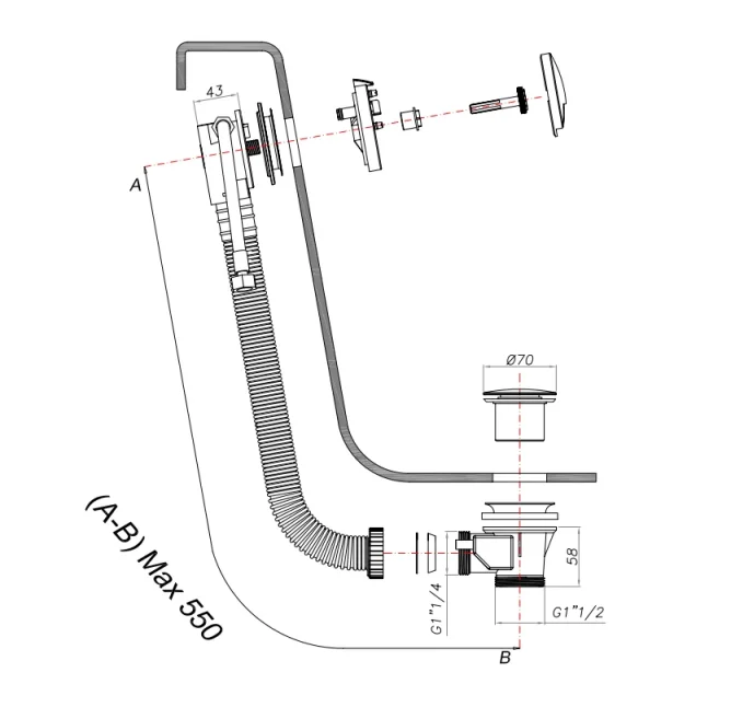 Crosswater Bath Click Clack Waste With Filler Chrome technical drawing - Image 4