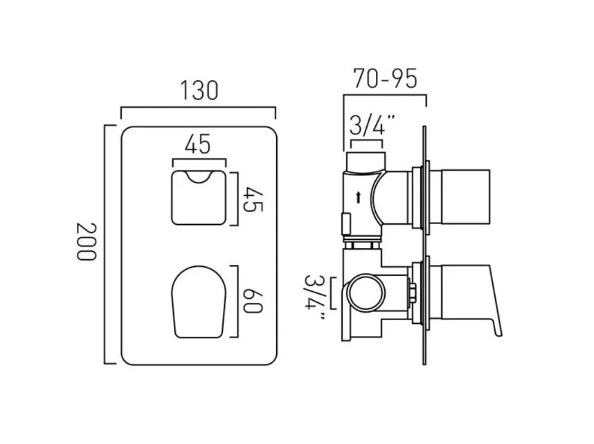 Vado Dx Photon 1 Outlet 2 Handle Concealed Thermostatic Valve Chrome technical drawing - Image 2
