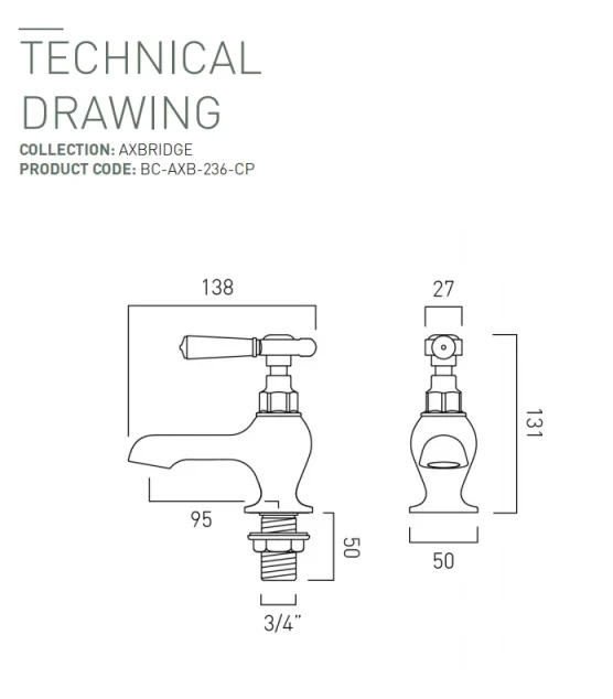 Booth & Co. Bath Pillar Taps Chrome & White technical drawing - Image 2