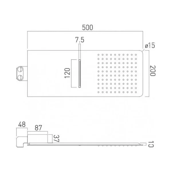 Vado Aquablade Slim Line Easy Clean Wall Mounted Square Shower Head With 2 Functions: Water Blade And Cascade Shower Chrome technical drawing - Image 5