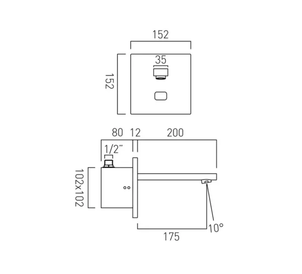 Vado I-tech Notion Infra-red Basin Mixer Wall Mounted With Square Back Plate Mains Or Aa Battery Operated Chrome technical drawing - Image 2