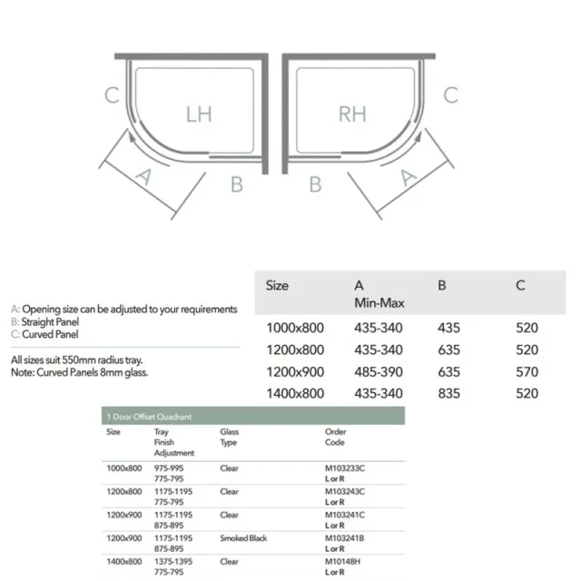 Merlyn 10 Series 1 Door Offset Quadrant Righthand 1200 X 800mm technical drawing - Image 3