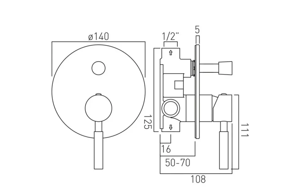 Vado Origins 2 Outlet Single Lever Concealed Manual Valve With Diverter Chrome technical drawing - Image 2