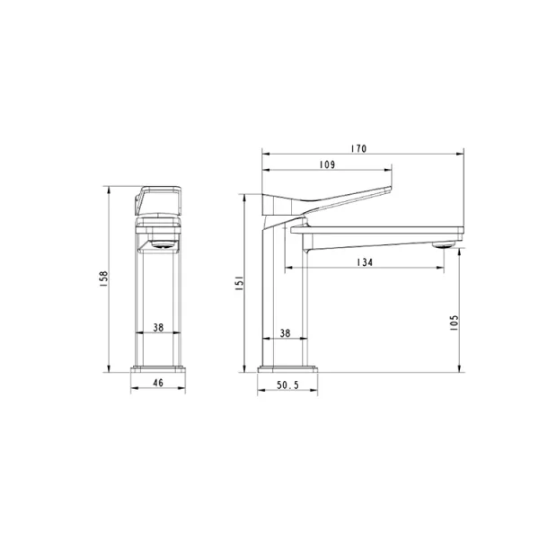 Just Taps Hix Single Lever Basin Mixer Brushed Brass technical drawing - Image 4