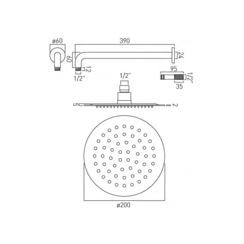Vado Aquablade Single Function Easy Clean Slim Line Round Shower Head 200mm (8") Chrome technical drawing - Image 3