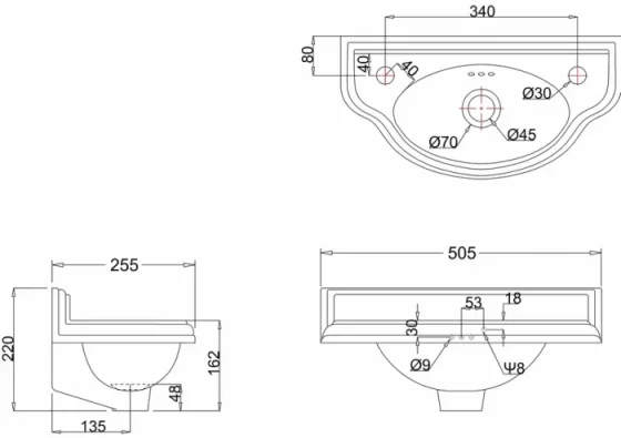 Burlington Curved Cloakroom Basin 1th Right technical drawing - Image 2