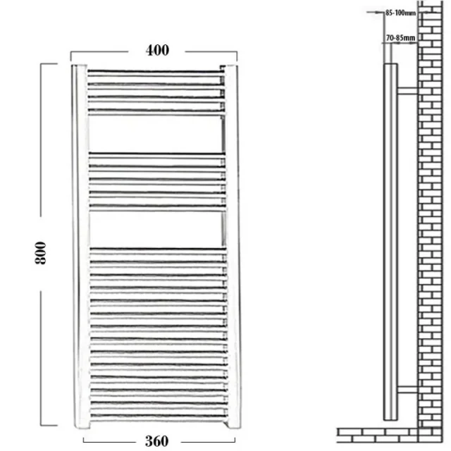 Reina Diva 400 X 800 Towel Radiator Chrome Flat technical drawing - Image 4