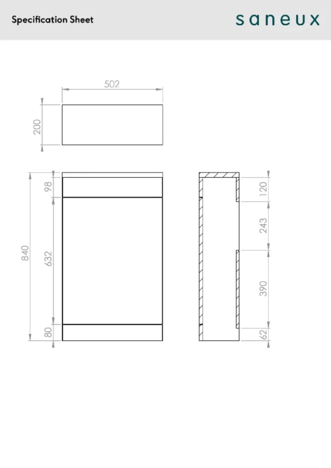 Saneux Austen 50cm Wc Unit - Matte Iron Grey technical drawing - Image 2