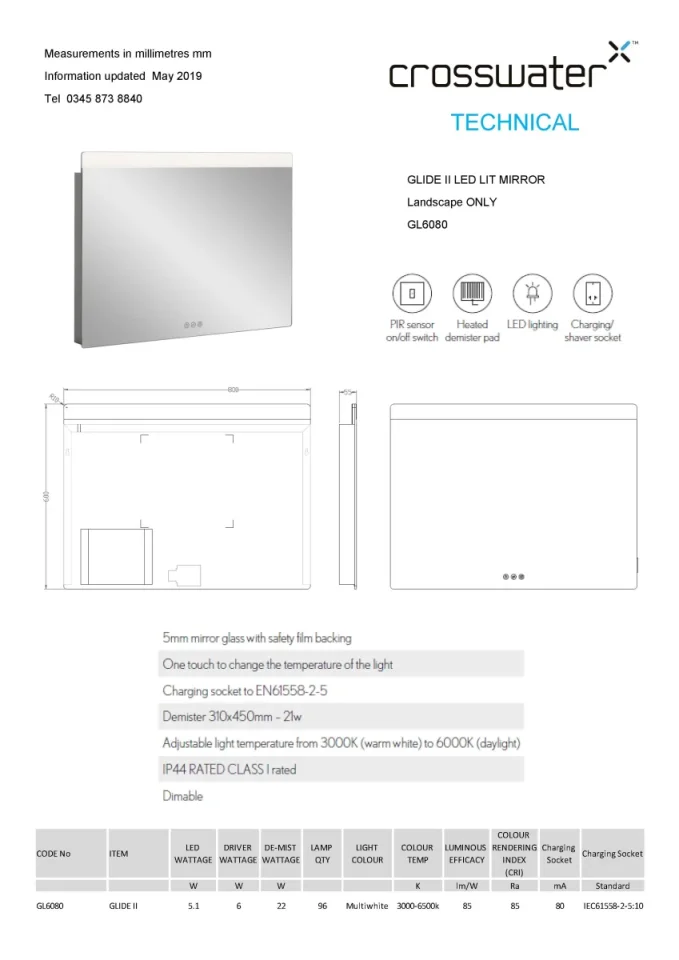 Crosswater Glide Ii Illuminated Mirror 600x800 technical drawing - Image 2