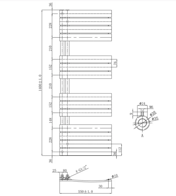 Just Taps Cleo Radiator Matt Black 1400 X 550 technical drawing - Image 2
