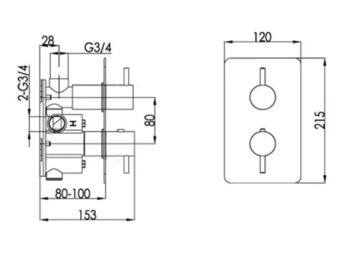Just Taps Vos Two Outlet Thermo Concealed Valve Matt Black technical drawing - Image 2