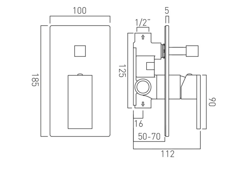Vado Individual Notion 2 Outlet Concealed Single Lever Manual Valve With Diverter Brushed Black technical drawing - Image 2