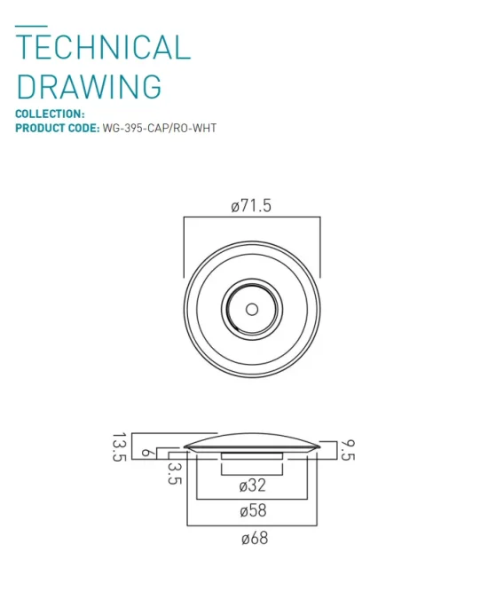 Booth & Co. White Ceramic Round Plug To Suit Bc-395-bn White Ceramic & technical drawing - Image 3
