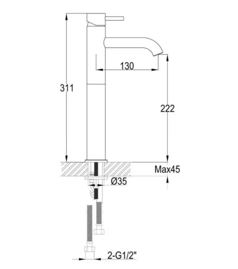 Just Taps Vos Tall Single Lever Basin Mixer Matt Black technical drawing - Image 2