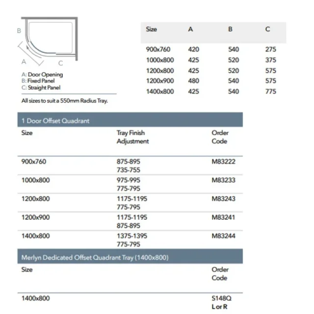 Merlyn 8 Series 1 Door Offset Quadrant 1000 X 800mm technical drawing - Image 3