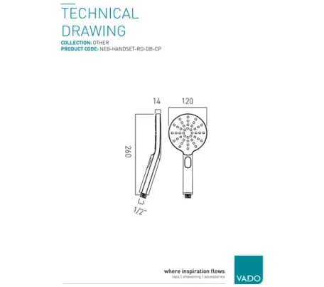Vado Nebula 120mm Round 3 Function Rub Clean Shower Handset With Push Button Control Chrome technical drawing - Image 2
