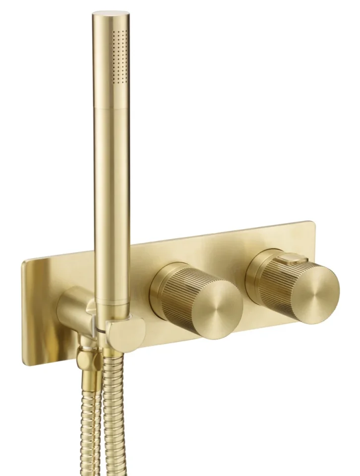 Just Taps Evo Thermostatic Concealed 2 Outlet Shower Valve with Handset Brushed Brass product image - Image 1