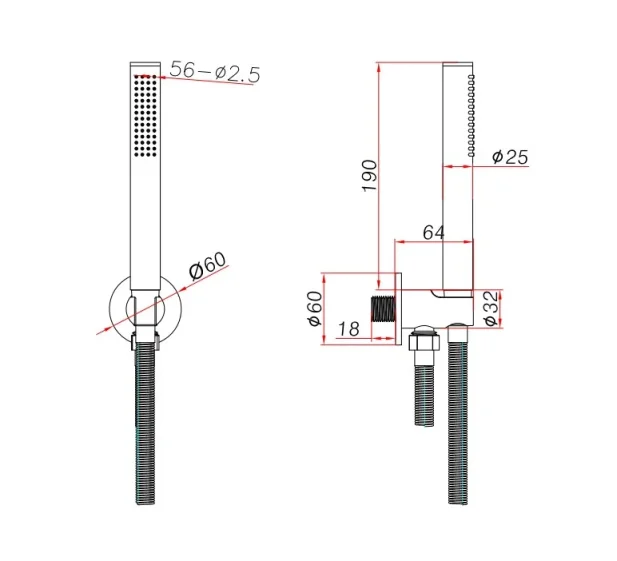 Ava Hand Shower Integrated Round Wall Outlet, Hose & Hand Shower - Polished Stainless Steel technical drawing - Image 3
