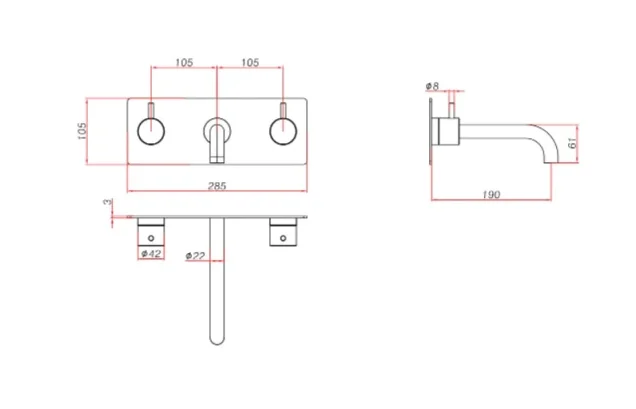 Ava Trend 3 Hole Wall Mounted Basin Mixer With Back Plate - Brushed Black technical drawing - Image 2