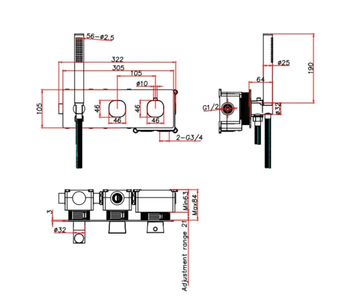 Ava Purity 2 Way 2 Handle Thermostatic Valve With Built In Hand Shower W/3 Hole Backplate - Brushed Black technical drawing - Image 2