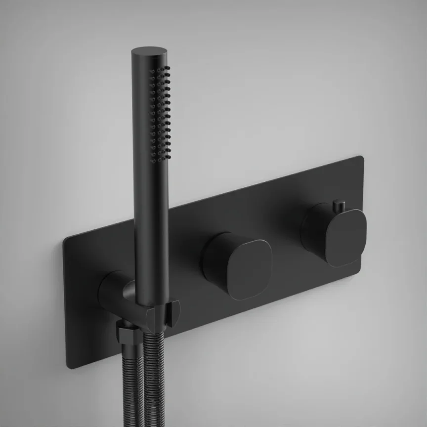 Ava Purity 2 Way 2 Handle Thermostatic Valve With Built In Hand Shower W/3 Hole Backplate - Brushed Black product image - Image 1
