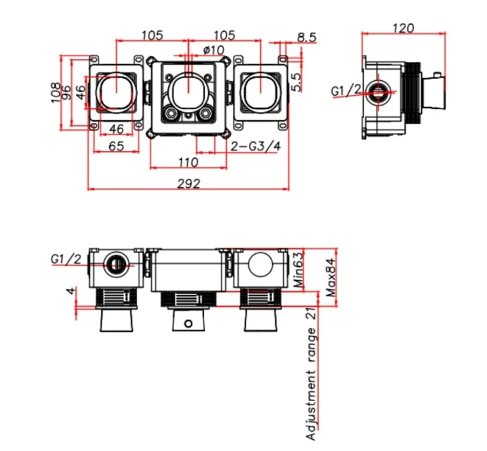 Ava Purity 3 Way 3 Handle Thermostatic Valve W/ Flanges - Brushed Black technical drawing - Image 2
