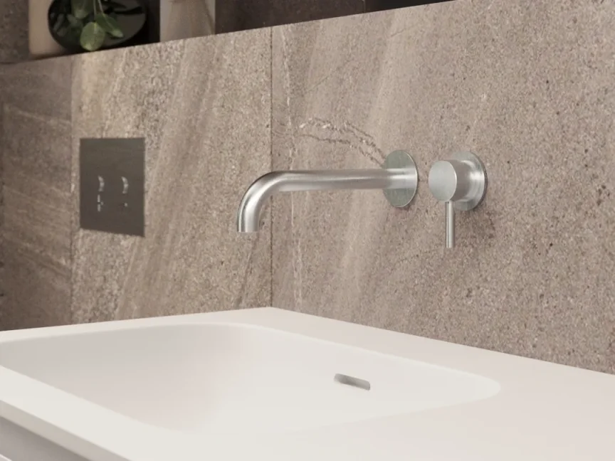 Ava Trend 2 Hole Wall Mounted Basin Mixer W/ Flanges - Brushed Stainless Steel detail view - Image 4