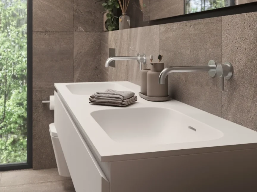 Ava Trend 2 Hole Wall Mounted Basin Mixer W/ Flanges - Brushed Stainless Steel detail view - Image 5