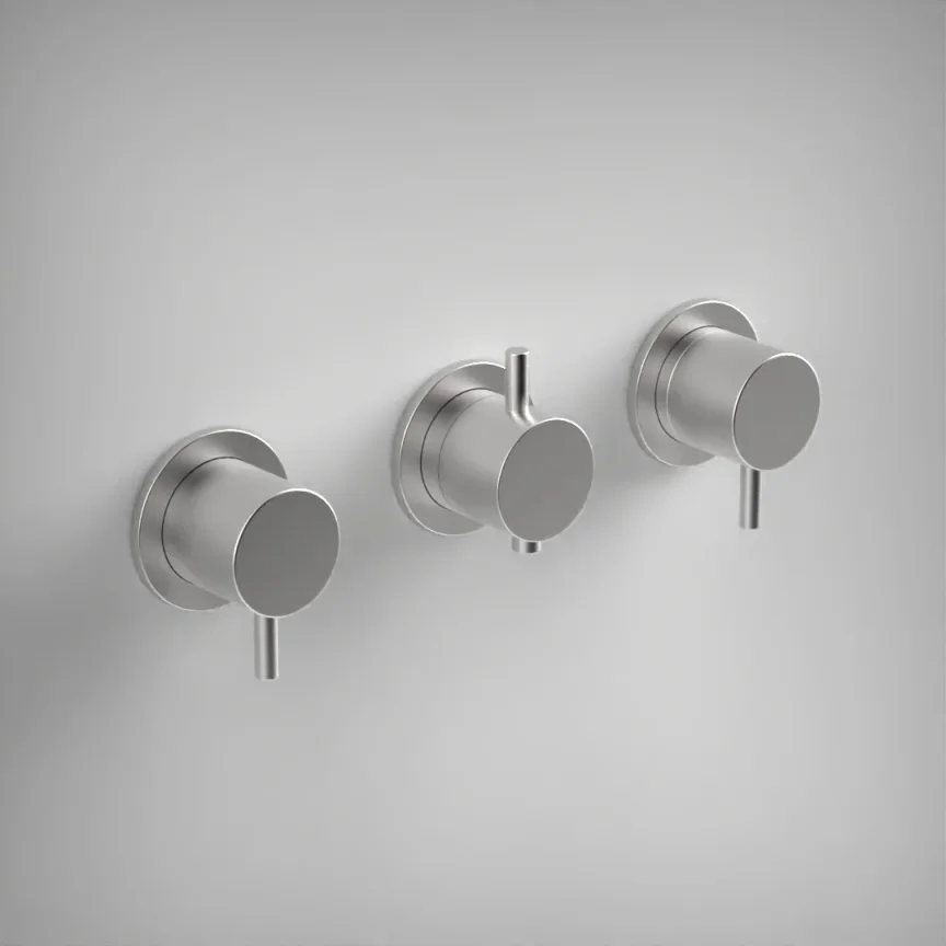 Ava Trend 2 Way 3 Handle Thermostatic Valve W/ Flanges - Brushed Stainless Steel product image - Image 1