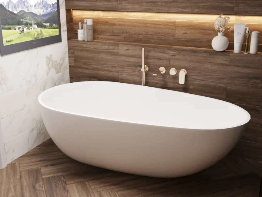 Ava Purity Thermostatic 4 Hole Wall Mounted Bath Shower Mixer - Brushed Brass detail view - Image 5