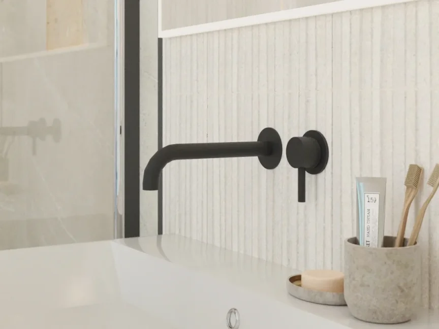 Ava Trend 2 Hole Wall Mounted Basin Mixer W/ Flanges - Brushed Black detail view - Image 5