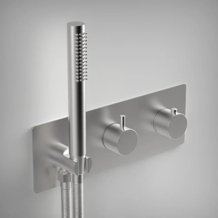 Ava Trend 2 Way 2 Handle Thermostatic Valve With Built In Hand Shower W/3 Hole Backplate - Brushed Stainless Steel product image - Image 1