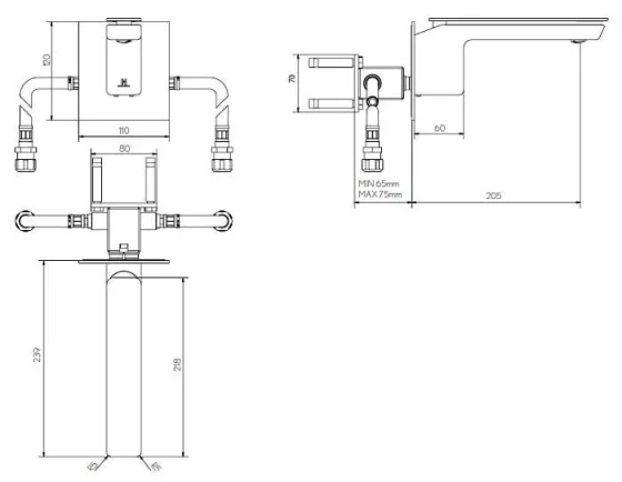 Crosswater Zero 3 Wall Mounted Monobloc Basin Mixer Tap Chrome technical drawing - Image 2