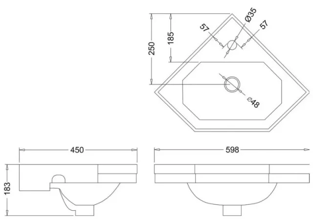 Burlington Corner Basin 1th 430 X 430 Gloss White technical drawing - Image 2