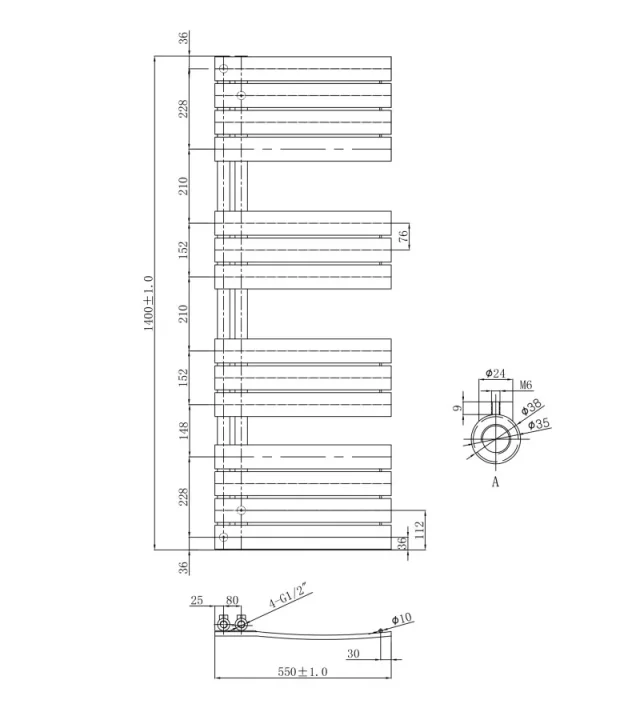 Just Taps Cleo Radiator Brushed Black 1400 X 550 technical drawing - Image 1