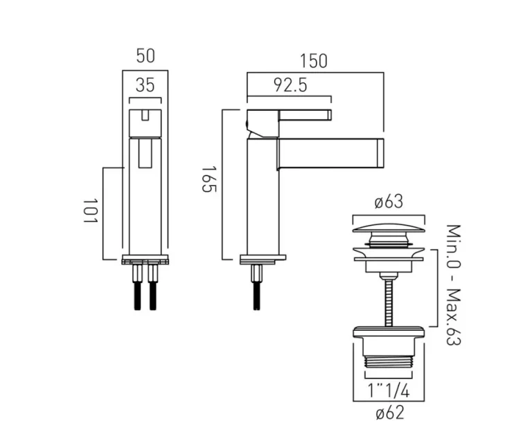 Vado Edit Mono Basin Mixer With Universal Waste Chrome technical drawing - Image 2
