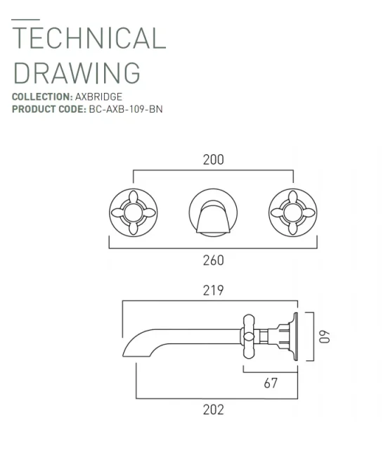 Booth & Co. Wall Mounted Basin Mixer Bright Nickel & Crackled White technical drawing - Image 2