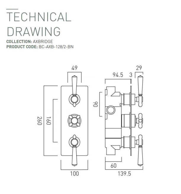 Booth & Co. 2 Outlet, 3 Handle Concealed Thermostatic Valve Bright Nickel & Crackled White technical drawing - Image 2