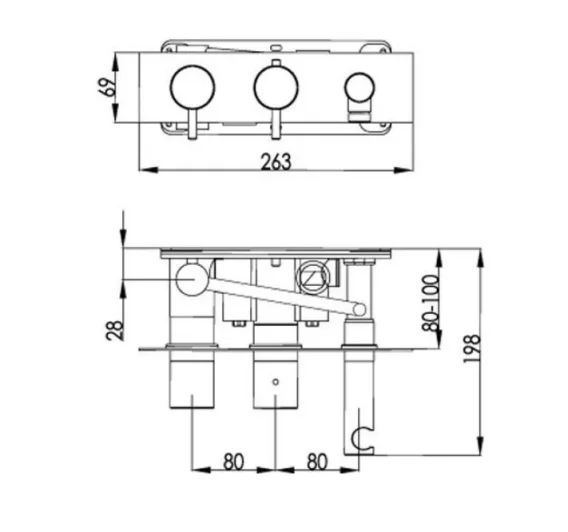 Just Taps Vos TherMatt 2 Outlet Shower Valve & Handset Matt Black technical drawing - Image 2