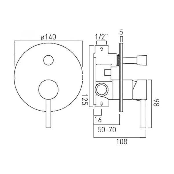 Vado Zoo 2 Outlet Single Lever Concealed Manual Valve With Diverter Round Backplate Chrome technical drawing - Image 3
