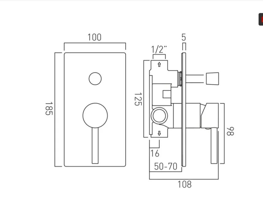 Vado Zoo 2 Outlet Single Lever Concealed Manual Valve With Diverter Rectangular Backplate Chrome technical drawing - Image 3